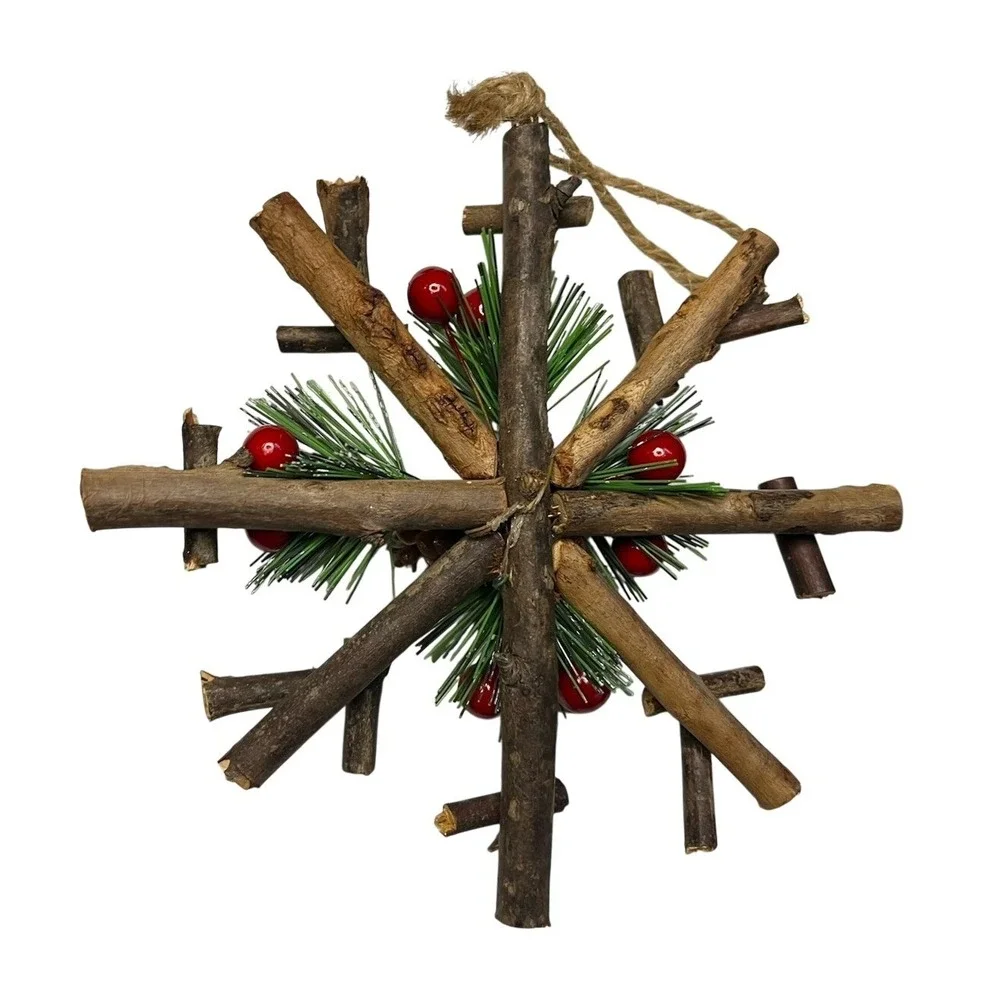 Set of 2 Rustic Twig Snowflake Ornaments Pinecone Berry Christmas Decor 6.5